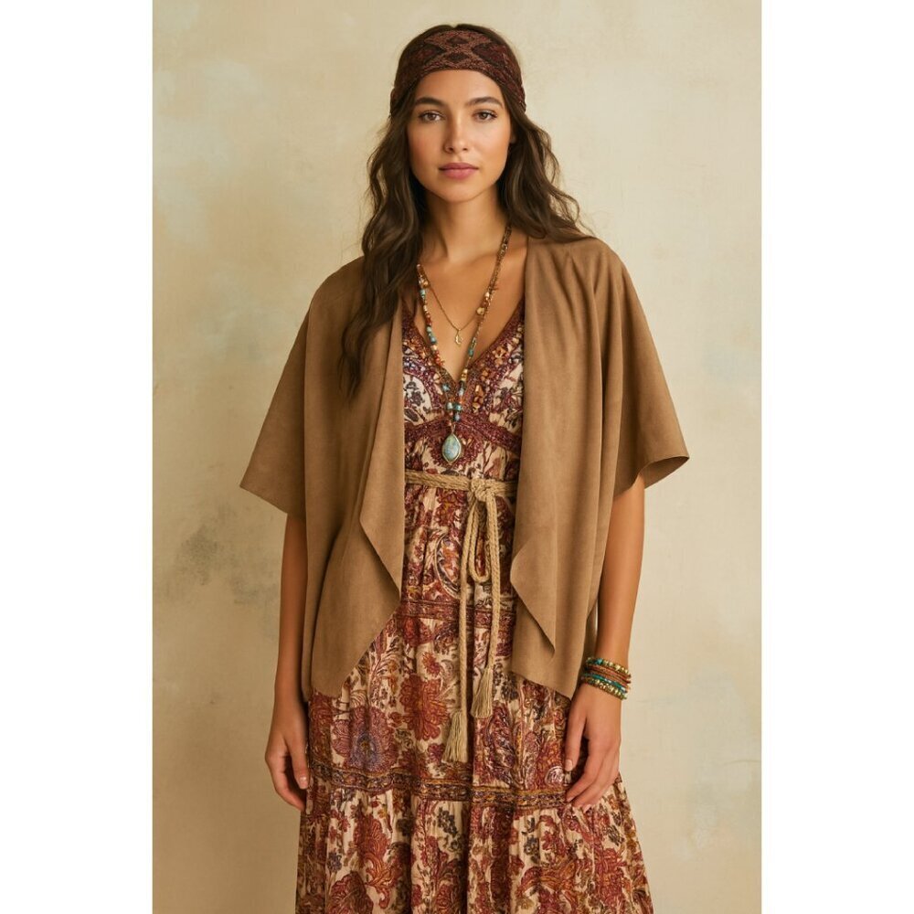 Chicos‎ Size 4 Faux Suede Cascade Front Cardigan Womens Brown Western Bohemian